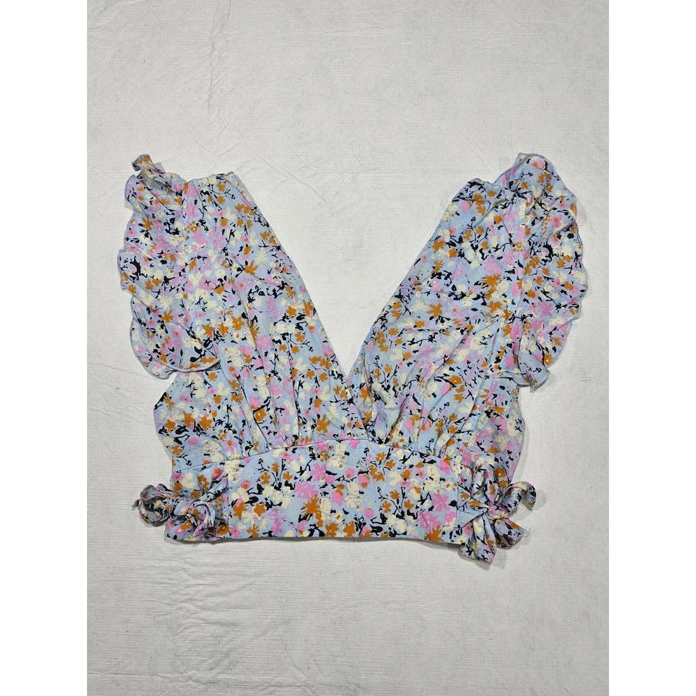 Free People Sky Combo Floral Ruffle V-Neck Smocked Crop Top OB1295567‎ Large NEW